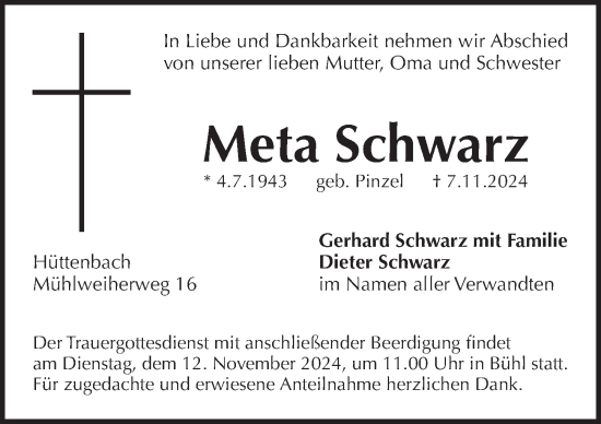 Traueranzeige von Meta Schwarz von Pegnitz-Zeitung