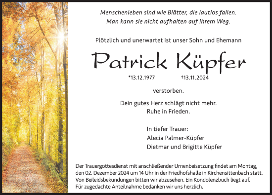 Traueranzeige von Patrick Küpfer von Hersbrucker Zeitung Lokal