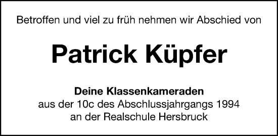 Traueranzeige von Patrick Küpfer von Hersbrucker Zeitung Lokal