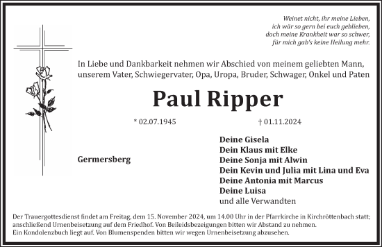Traueranzeige von Paul Ripper von Pegnitz-Zeitung