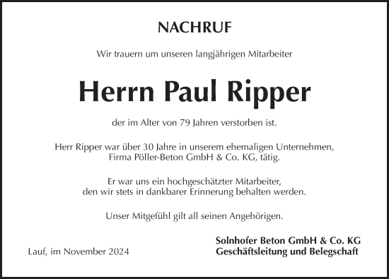 Traueranzeige von Paul Ripper von Pegnitz-Zeitung
