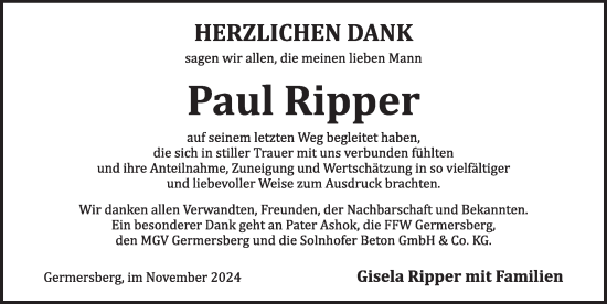 Traueranzeige von Paul Ripper von Pegnitz-Zeitung