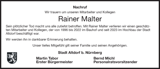 Traueranzeige von Rainer Malter von Der Bote