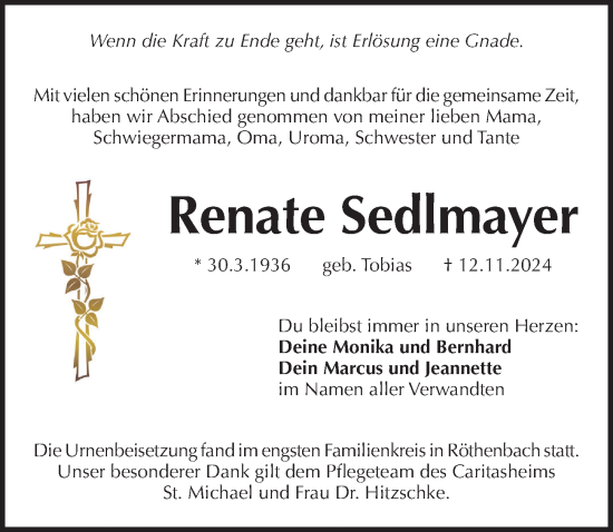 Traueranzeige von Renate Sedlmayer von Pegnitz-Zeitung
