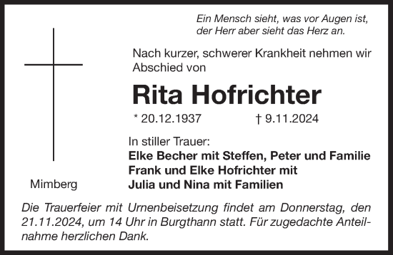 Traueranzeige von Rita Hofrichter von Der Bote