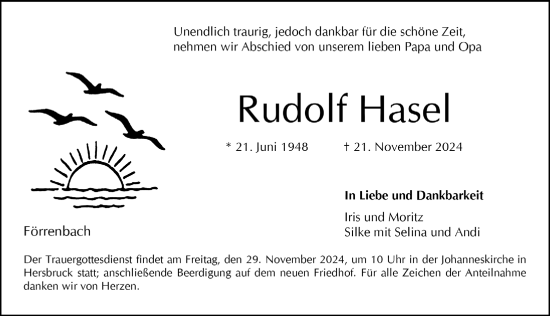 Traueranzeige von Rudolf Hasel von Hersbrucker Zeitung Lokal
