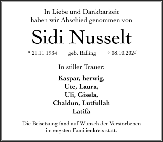 Traueranzeige von Sidi Nusselt von Hersbrucker Zeitung Lokal