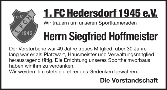 Traueranzeige von Siegfried Hoffmeister von Pegnitz-Zeitung