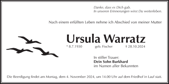 Traueranzeige von Ursula Warratz von Pegnitz-Zeitung