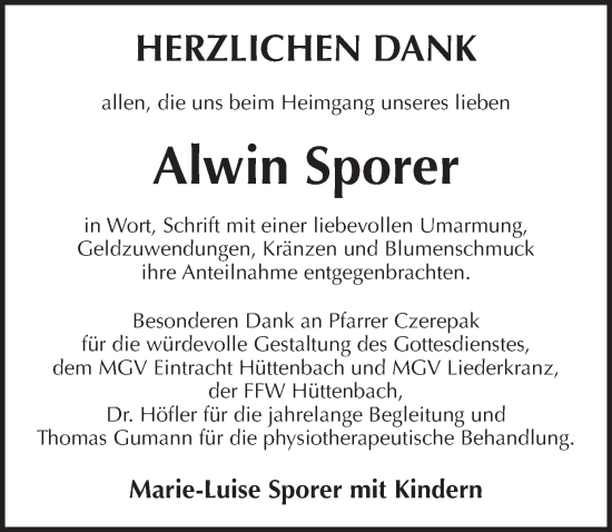 Traueranzeige von Alwin Sporer von Pegnitz-Zeitung