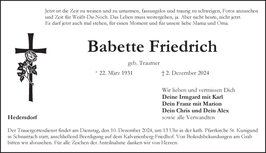 Traueranzeige von Babette Friedrich von Pegnitz-Zeitung