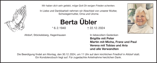 Traueranzeige von Berta Übler von Der Bote