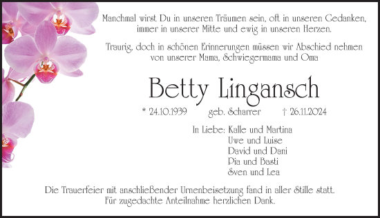 Traueranzeige von Betty Lingansch von Pegnitz-Zeitung
