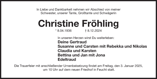 Traueranzeige von Christine Fröhling von Der Bote