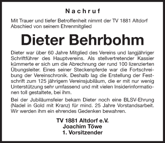 Traueranzeige von Dieter Behrbohm von Der Bote