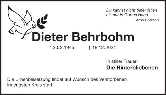Traueranzeige von Dieter Behrbohm von Der Bote