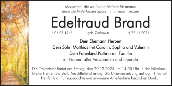 Traueranzeige von Edeltraud Brand von Hersbrucker Zeitung Lokal