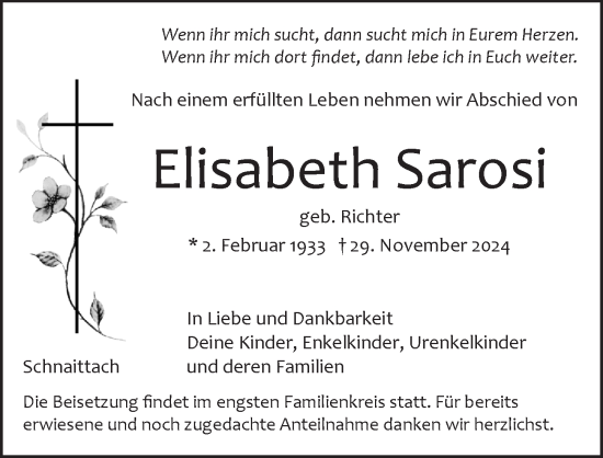 Traueranzeige von Elisabeth Sarosi von Pegnitz-Zeitung