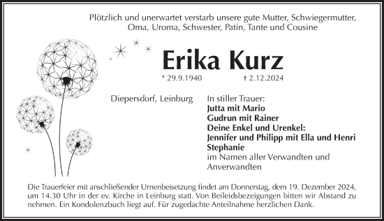 Traueranzeige von Erika Kurz von Pegnitz-Zeitung