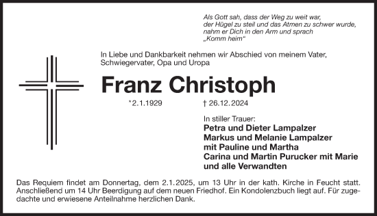 Traueranzeige von Franz Christoph von Der Bote