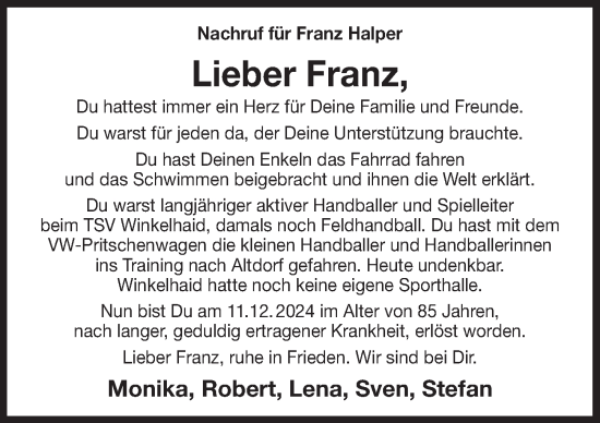 Traueranzeige von Franz Halper von Der Bote