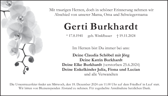 Traueranzeige von Gerti Burkhardt von Pegnitz-Zeitung
