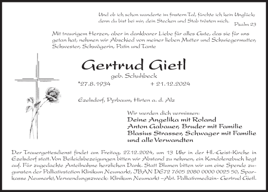 Traueranzeige von Gertrud Gietl von Der Bote
