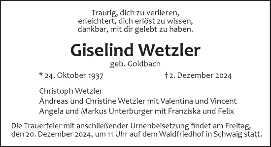 Traueranzeige von Giselind Wetzler von Pegnitz-Zeitung