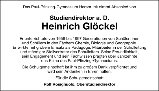 Traueranzeige von Heinrich Glöckel von Hersbrucker Zeitung Lokal