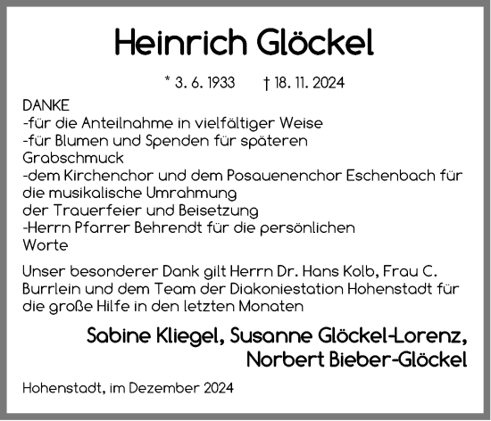 Traueranzeige von Heinrich Glöckel von Hersbrucker Zeitung Lokal