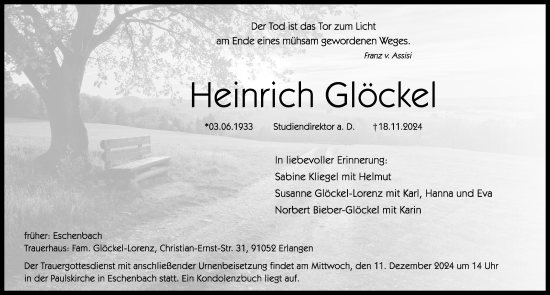 Traueranzeige von Heinrich Glöckel von Hersbrucker Zeitung Lokal