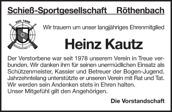 Traueranzeige von Heinz Kautz von Pegnitz-Zeitung