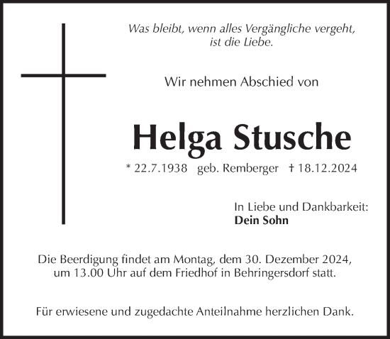 Traueranzeige von Helga Stusche von Pegnitz-Zeitung
