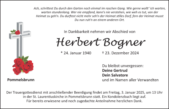 Traueranzeige von Herbert Bogner von Hersbrucker Zeitung Lokal