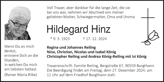 Traueranzeige von Hildegard Hinz von Der Bote