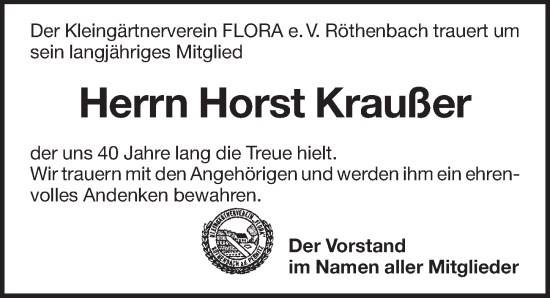 Traueranzeige von Horst Kraußer von Pegnitz-Zeitung