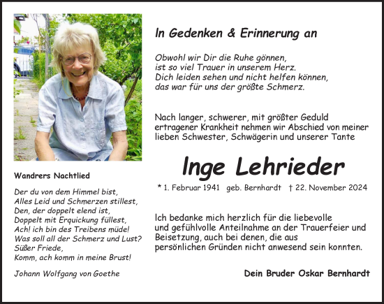 Traueranzeige von Inge Lehrleder von Pegnitz-Zeitung