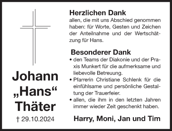 Traueranzeige von Johann Thäter von Pegnitz-Zeitung