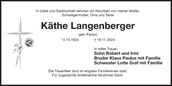 Traueranzeige von Käthe Langenberger von Der Bote