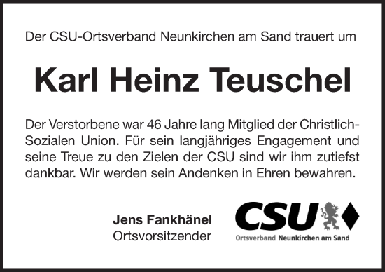 Traueranzeige von Karl Heinz Teuschel von Pegnitz-Zeitung