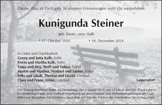 Traueranzeige von Kunigunda Steiner von Pegnitz-Zeitung