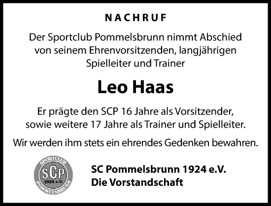Traueranzeige von Leo Haas von Hersbrucker Zeitung Lokal