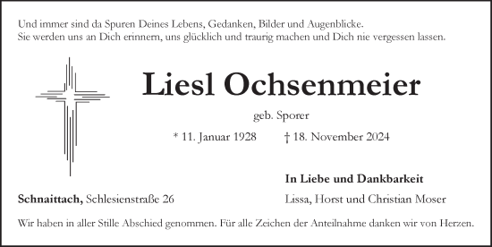 Traueranzeige von Liesl Ochsenmeier von Pegnitz-Zeitung