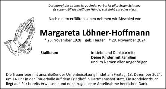 Traueranzeige von Margareta Löhner-Hoffmann von Hersbrucker Zeitung Lokal
