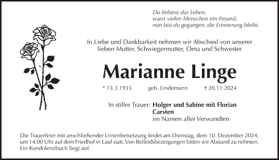 Traueranzeige von Marianne Linge von Pegnitz-Zeitung