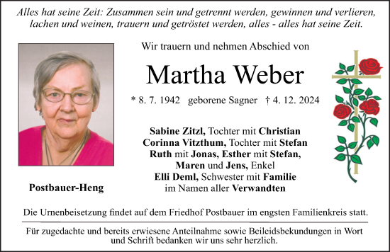 Traueranzeige von Martha Weber von Der Bote