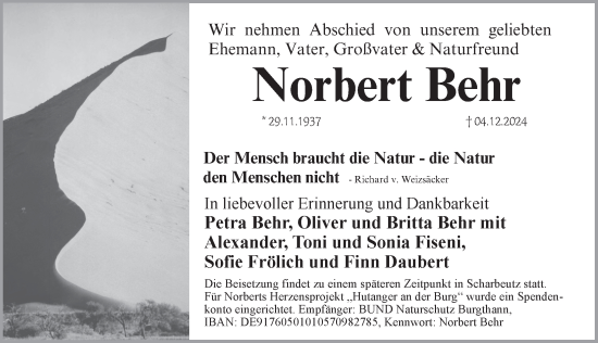 Traueranzeige von Norbert Behr von Der Bote