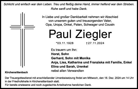 Traueranzeige von Paul Ziegler von Hersbrucker Zeitung Lokal