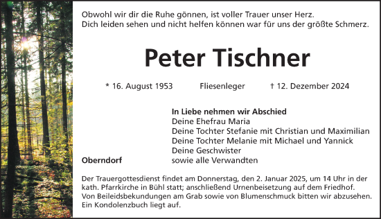 Traueranzeige von Peter Tischner von Pegnitz-Zeitung