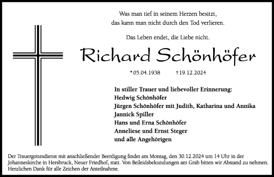 Traueranzeige von Richard Schönhöfer von Hersbrucker Zeitung Lokal